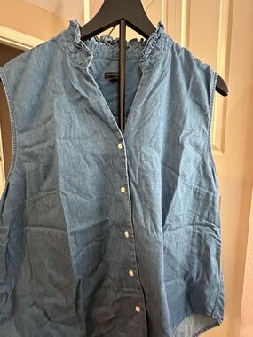 Ann Taylor Sleeveless Chambray Ruffle Collar, Button-Front Top